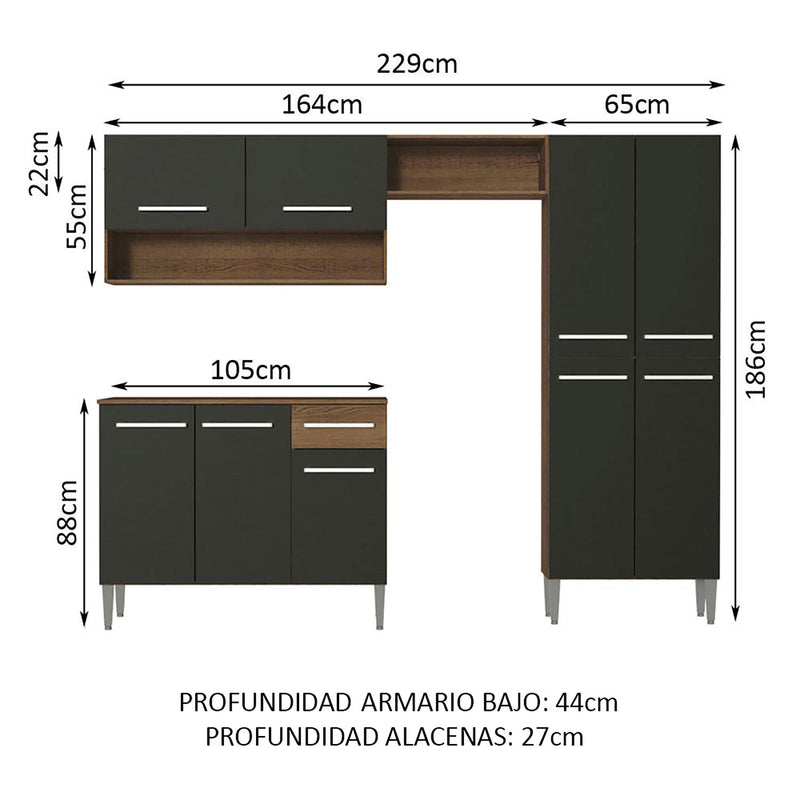 Cocina Integral Emilly Pop Marron Y Negro 229x186cm Sin Mesón