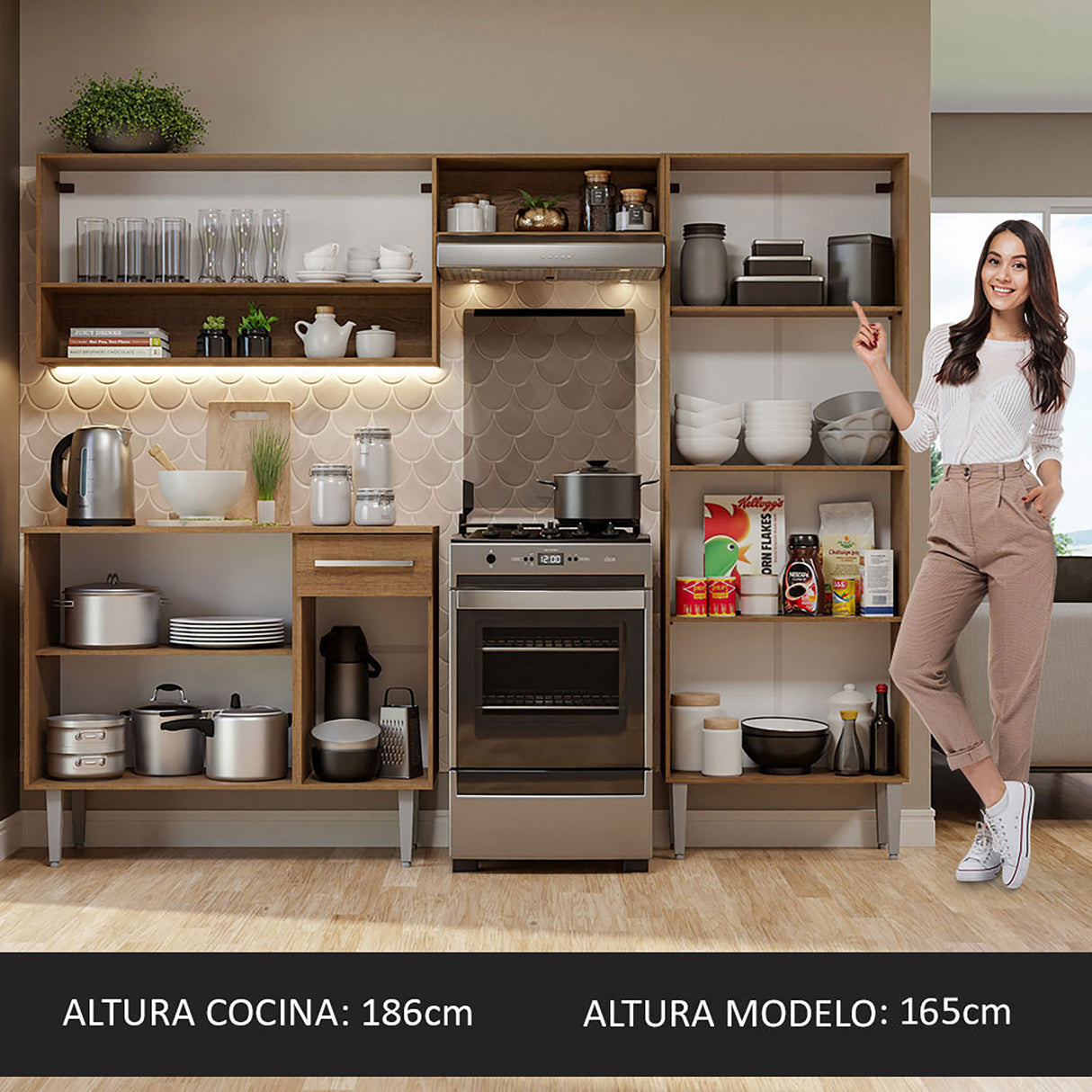 Cocina Integral Emilly Pop Marron y Blanco 229x186cm con Mesón de Madera - Cocinas | Bylmo