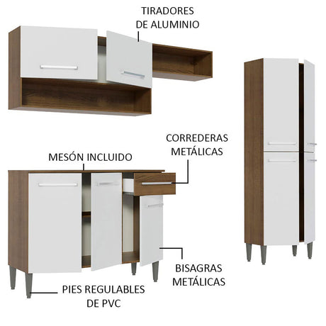 Cocina Integral Emilly Pop Marron y Blanco 229x186cm con Mesón de Madera - Cocinas | Bylmo