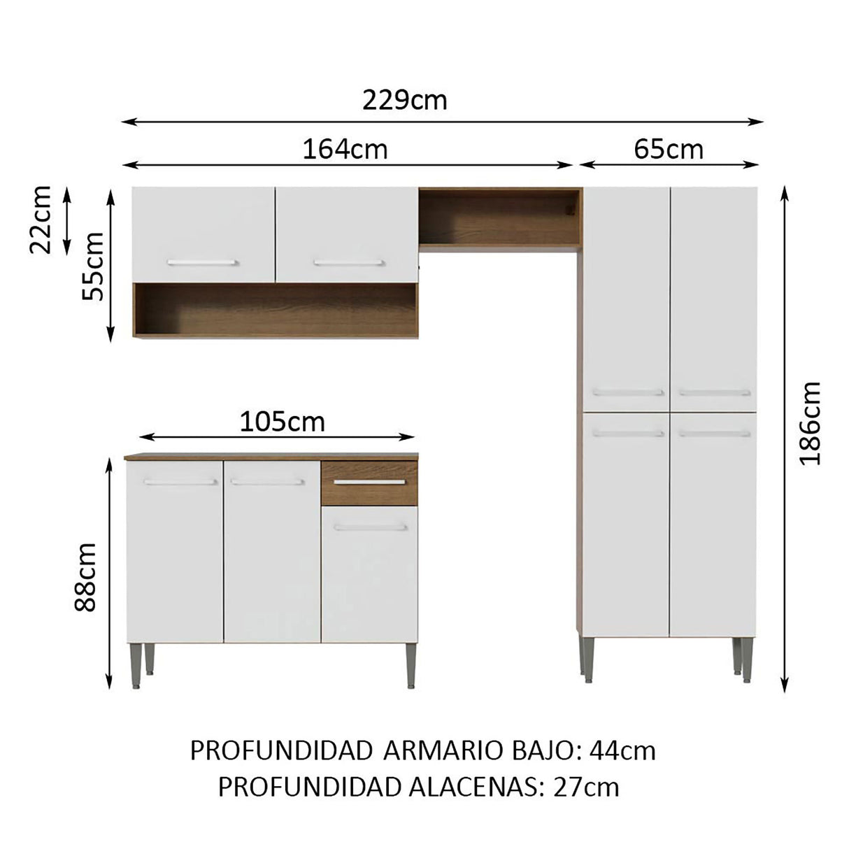 Cocina Integral Emilly Pop Marron y Blanco 229x186cm con Mesón de Madera - Cocinas | Bylmo