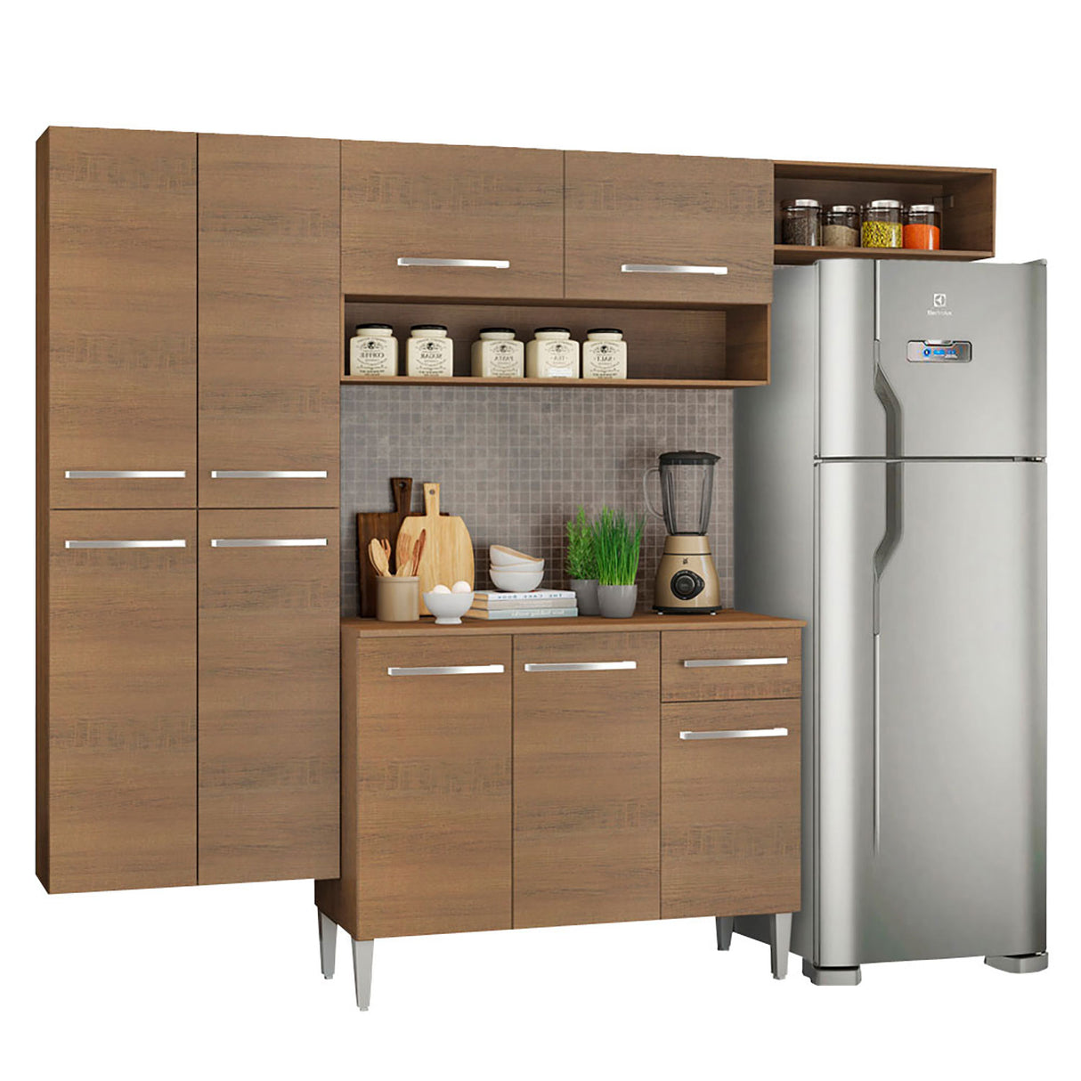 Cocina Integral Emilly Fit Marron 229x201cm con Mesón de Madera - Cocinas | Bylmo