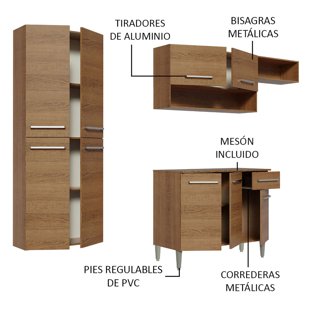 Cocina Integral Emilly Fit Marron 229x201cm con Mesón de Madera - Cocinas | Bylmo
