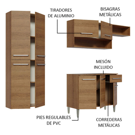 Cocina Integral Emilly Fit Marron 229x201cm con Mesón de Madera - Cocinas | Bylmo