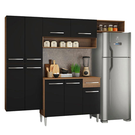 Cocina Integral Emilly Fit Marron y Negro 229x201cm con Mesón de Madera - Cocinas | Bylmo