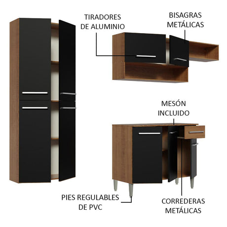 Cocina Integral Emilly Fit Marron y Negro 229x201cm con Mesón de Madera - Cocinas | Bylmo