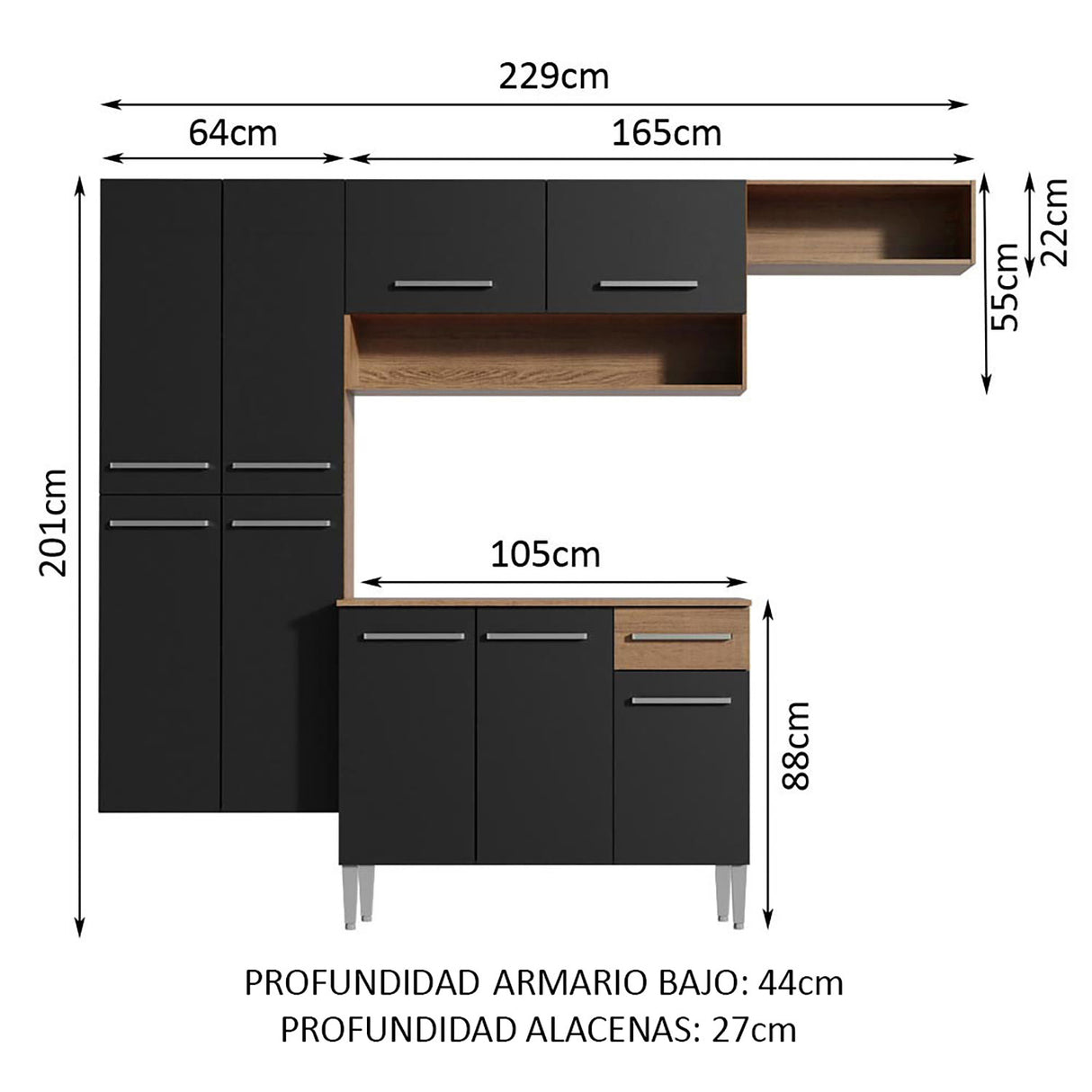 Cocina Integral Emilly Fit Marron y Negro 229x201cm con Mesón de Madera - Cocinas | Bylmo