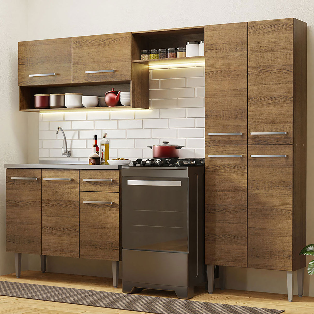 Cocina Integral Emilly Marron 229x186cm con Mesón de Acero Inoxidable - Cocinas | Bylmo