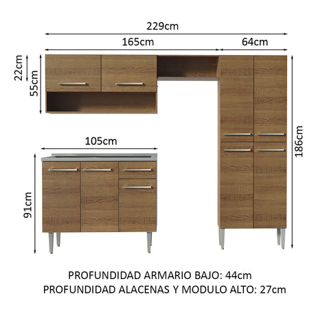 Cocina Integral Emilly Marron 229x186cm con Mesón de Acero Inoxidable - Cocinas | Bylmo