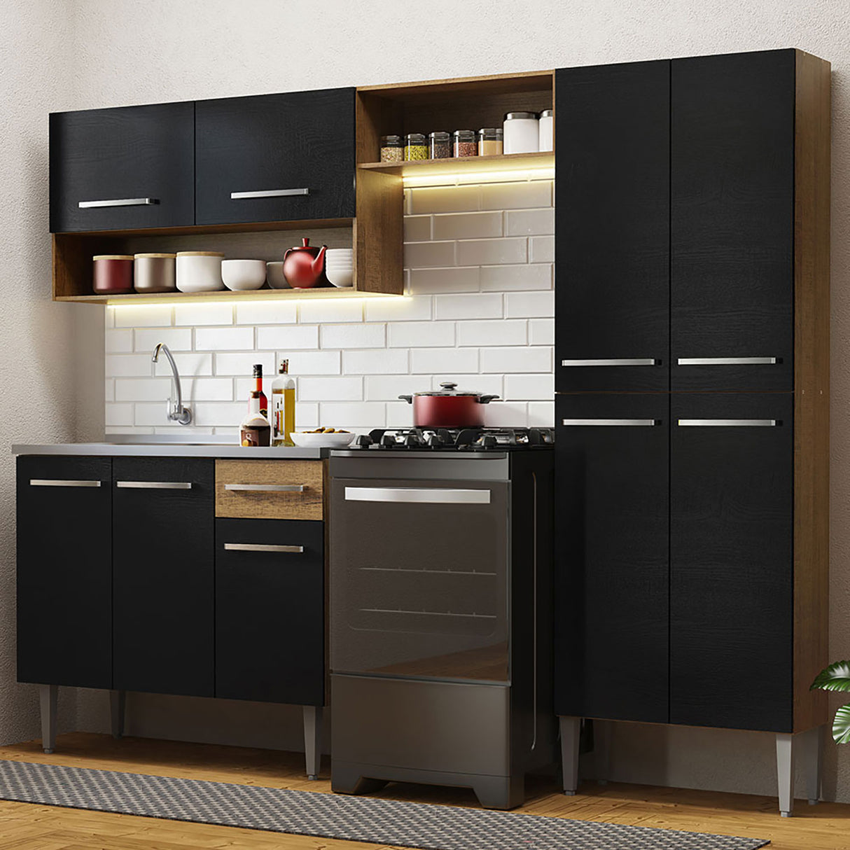 Cocina Integral Emilly Marron y Negro 229x186cm con Mesón de Acero Inoxidable - Cocinas | Bylmo