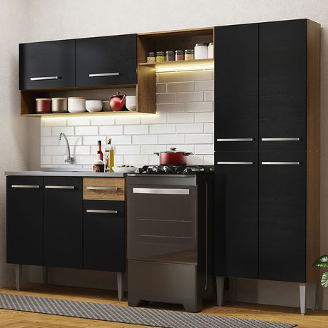 Cocina Integral Emilly Marron y Negro 229x186cm con Mesón de Acero Inoxidable - Cocinas | Bylmo