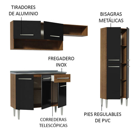 Cocina Integral Emilly Marron y Negro 229x186cm con Mesón de Acero Inoxidable - Cocinas | Bylmo