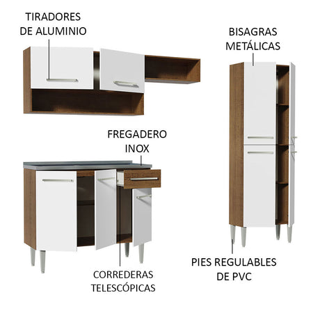Cocina Integral Emilly Marron y Blanco 229x186cm con Mesón de Acero Inoxidable - Cocinas | Bylmo