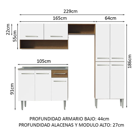 Cocina Integral Emilly Marron y Blanco 229x186cm con Mesón de Acero Inoxidable - Cocinas | Bylmo
