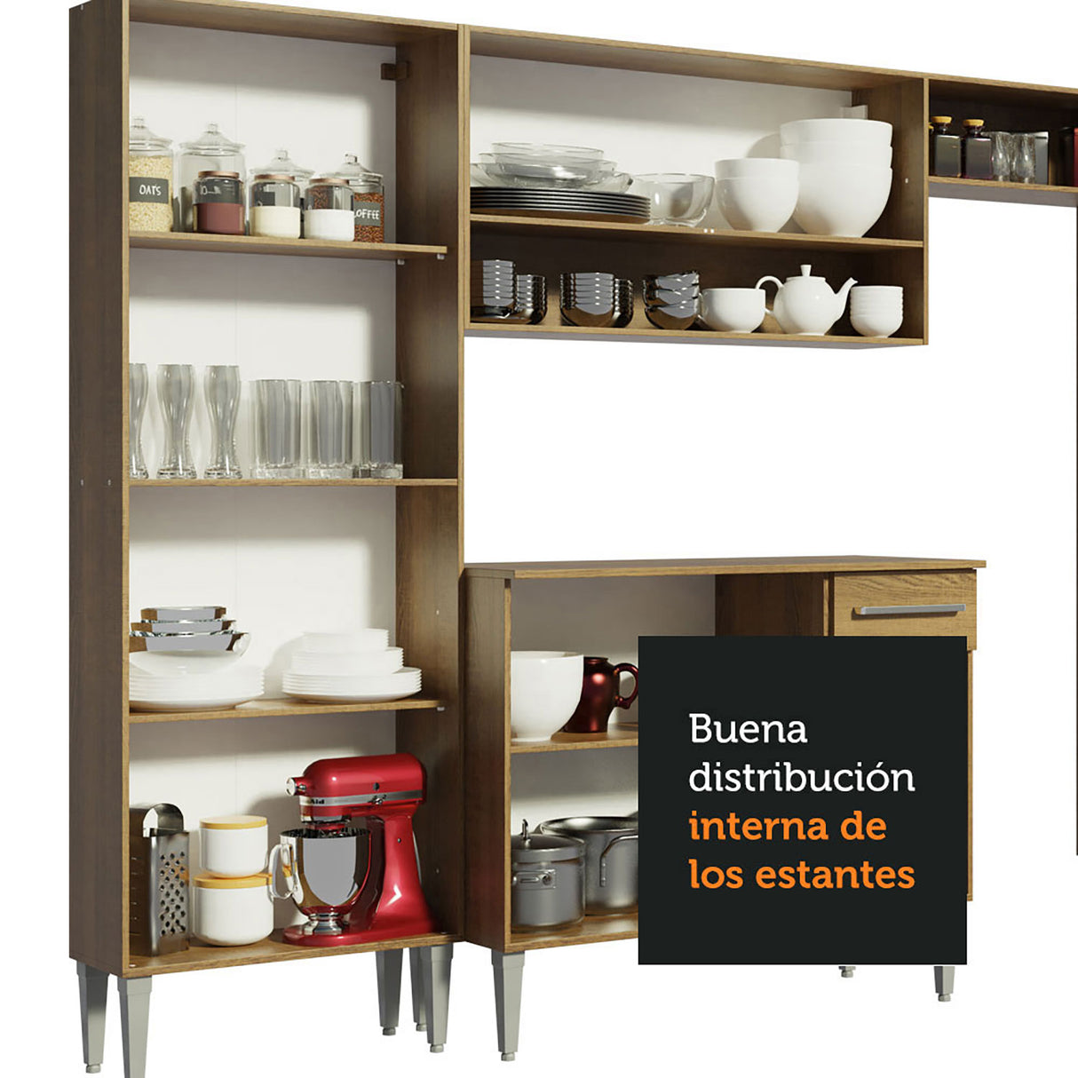 Cocina Integral Emilly Marron 293x186cm con Mesón de Madera - Cocinas | Bylmo