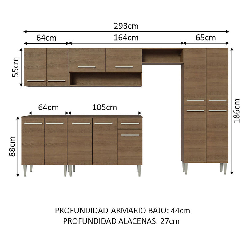 Cocina Integral Emilly Marron 293x186cm Sin Mesón