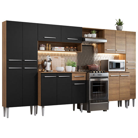 Cocina Integral Emilly Joy Marron y Negro 325x186cm con Mesón de Madera - Cocinas | Bylmo