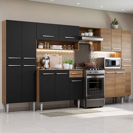Cocina Integral Emilly Joy Marron y Negro 325x186cm con Mesón de Madera - Cocinas | Bylmo