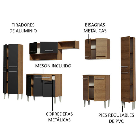 Cocina Integral Emilly Joy Marron y Negro 325x186cm con Mesón de Madera - Cocinas | Bylmo