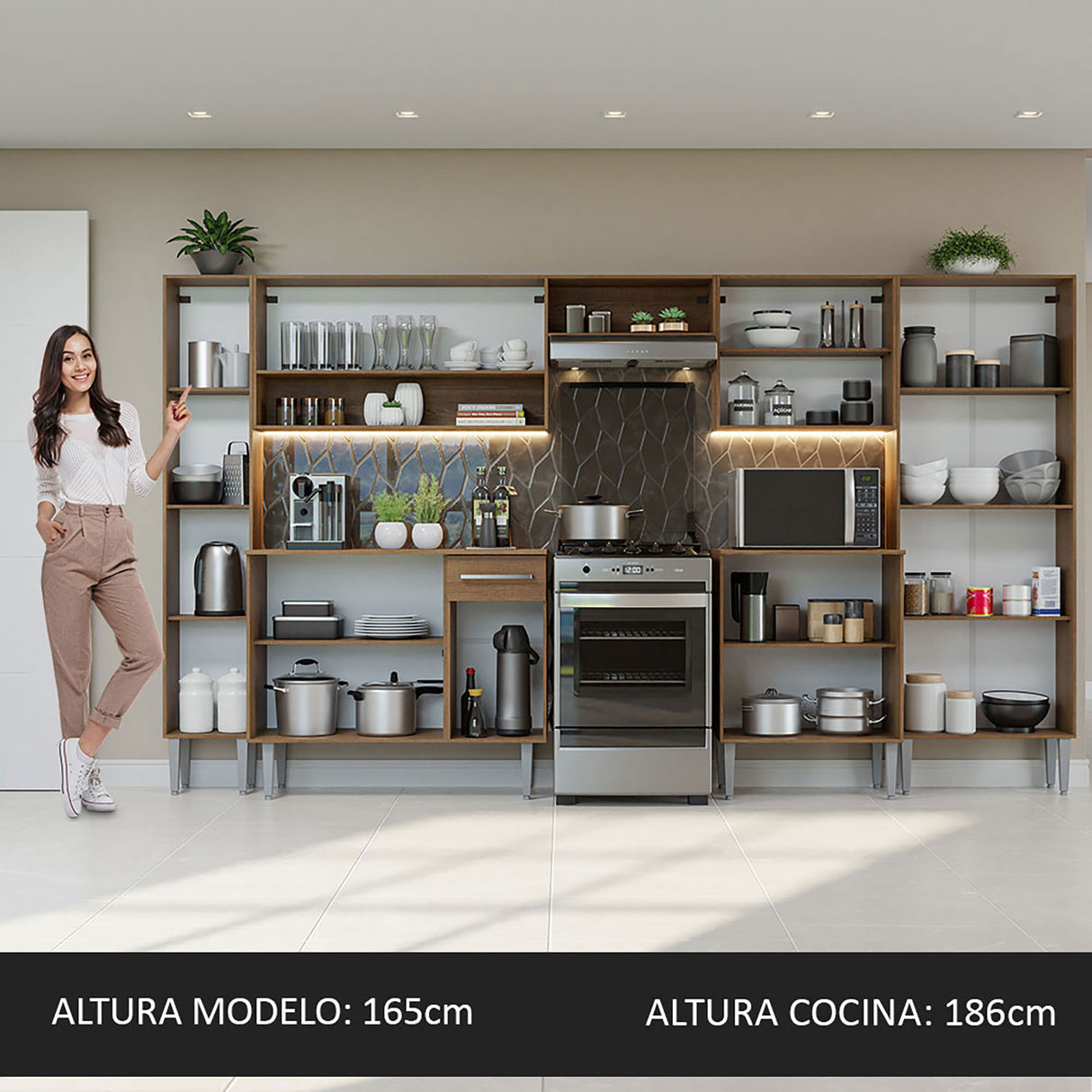 Cocina Integral Emilly Marron 325x186cm con Mesón de Madera - Cocinas | Bylmo