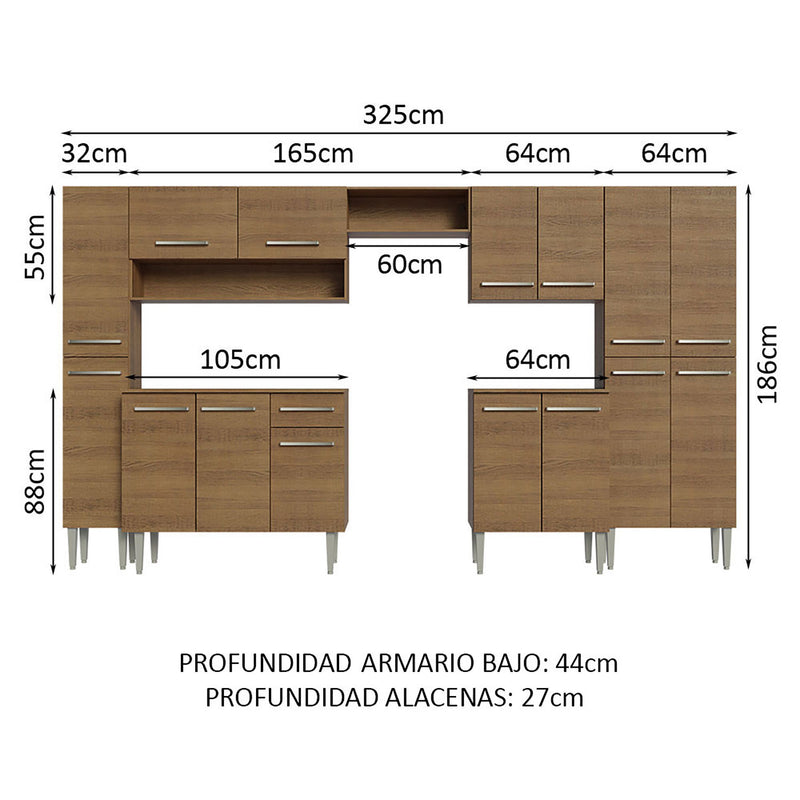 Cocina Integral Emilly Marron 325x186cm Sin Mesón