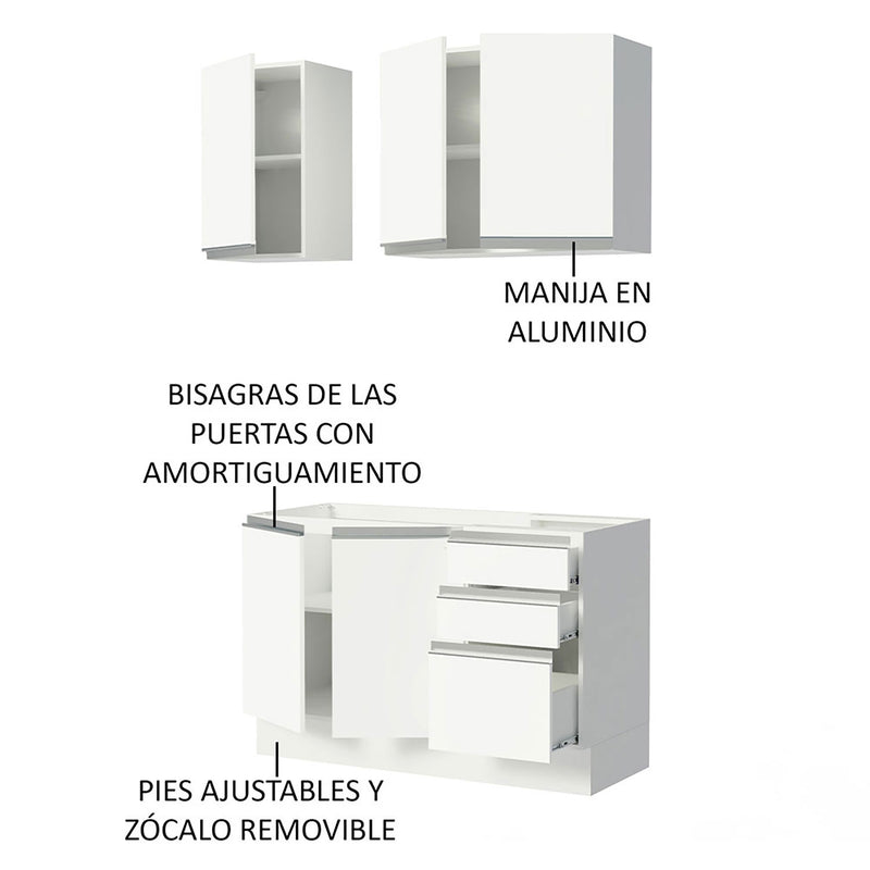 Cocina Integral Glamy Blanco 120x225cm Sin Mesón