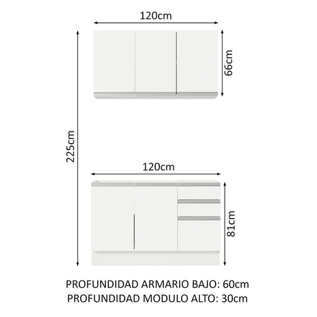 Cocina Integral Glamy Blanco 120x225cm sin Mesón - Cocinas | Bylmo