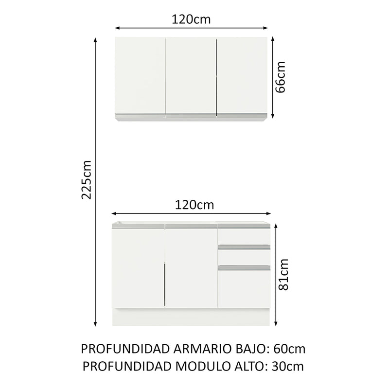 Cocina Integral Glamy Blanco 120x225cm Sin Mesón