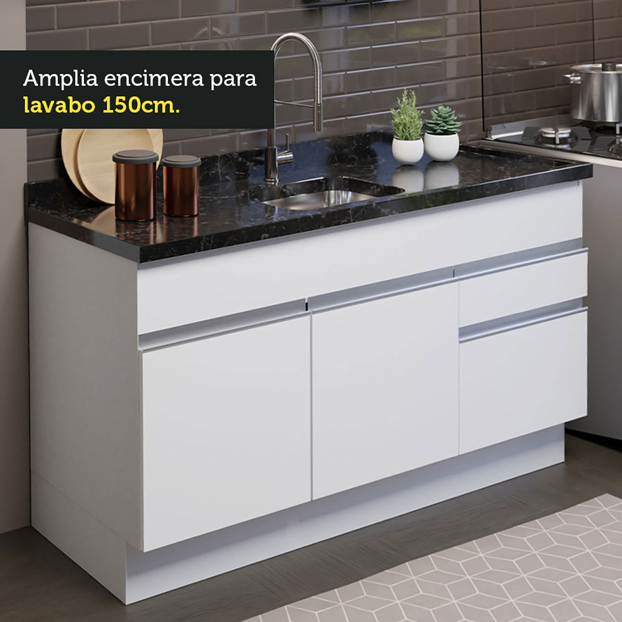 Cocina Integral Glamy Blanco 150x225cm sin Mesón - Cocinas | Bylmo
