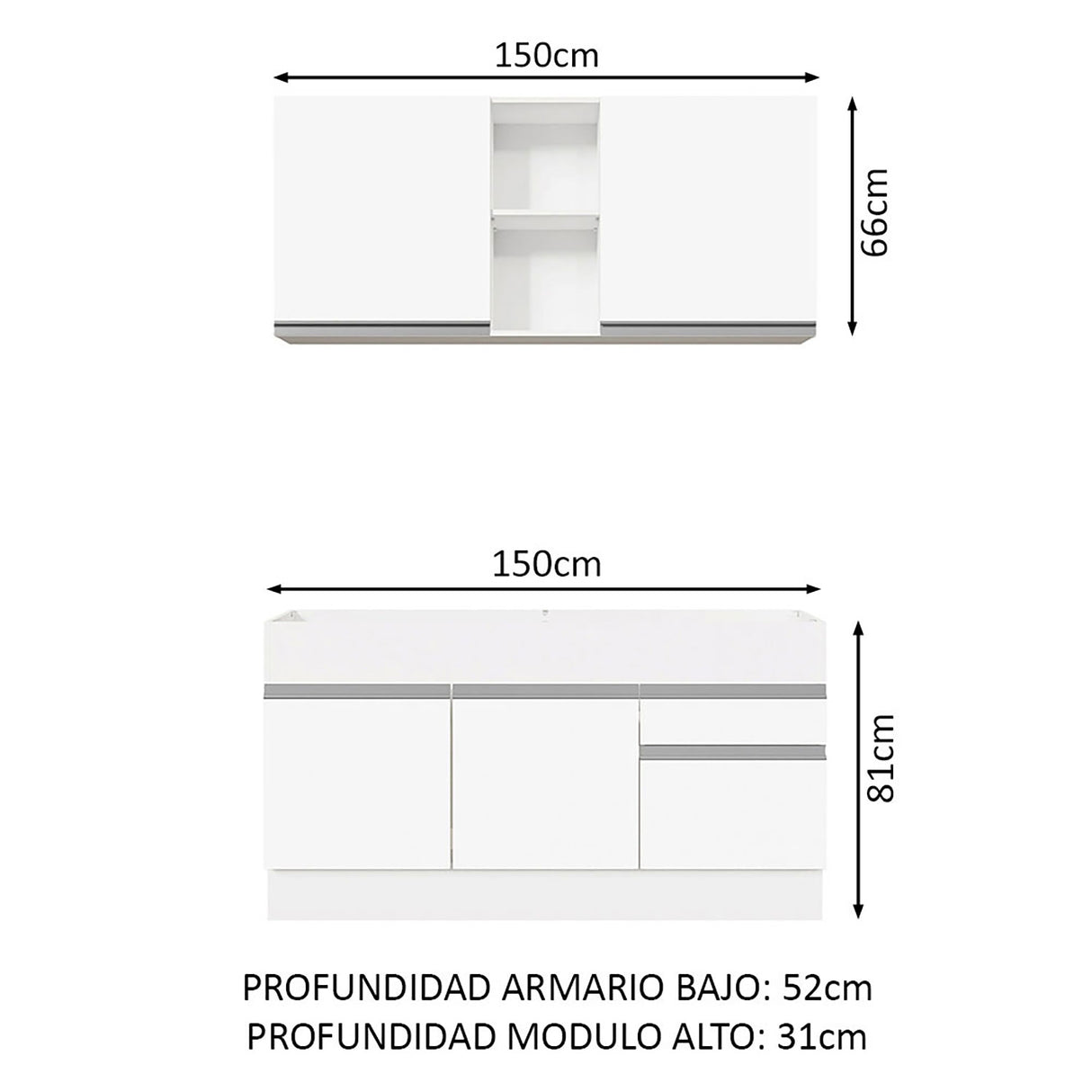 Cocina Integral Glamy Blanco 150x225cm sin Mesón - Cocinas | Bylmo