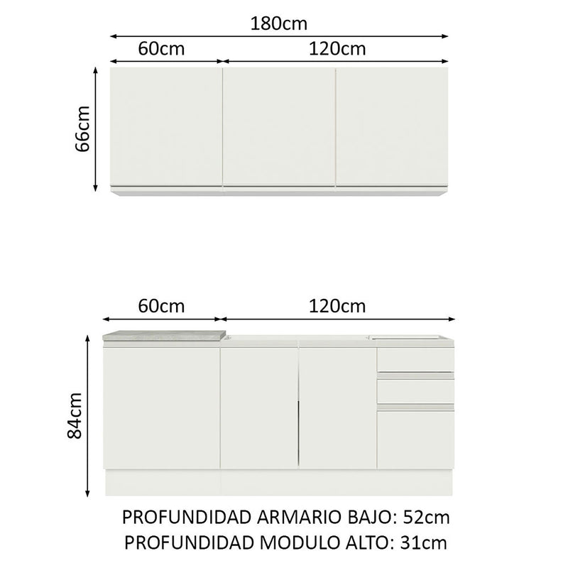 Cocina Integral Glamy Blanco 180x225cm Sin Mesón