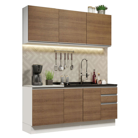 Cocina Integral Glamy Blanco y Marron 180x225cm con Mesón de Madera - Cocinas | Bylmo