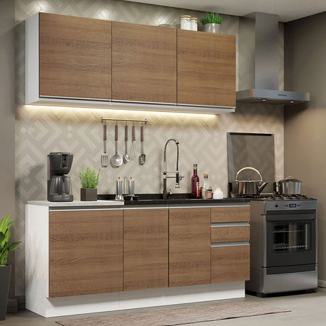 Cocina Integral Glamy Blanco y Marron 180x225cm con Mesón de Madera - Cocinas | Bylmo