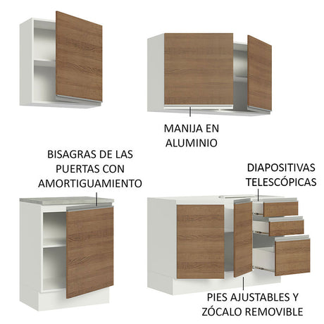 Cocina Integral Glamy Blanco y Marron 180x225cm con Mesón de Madera - Cocinas | Bylmo