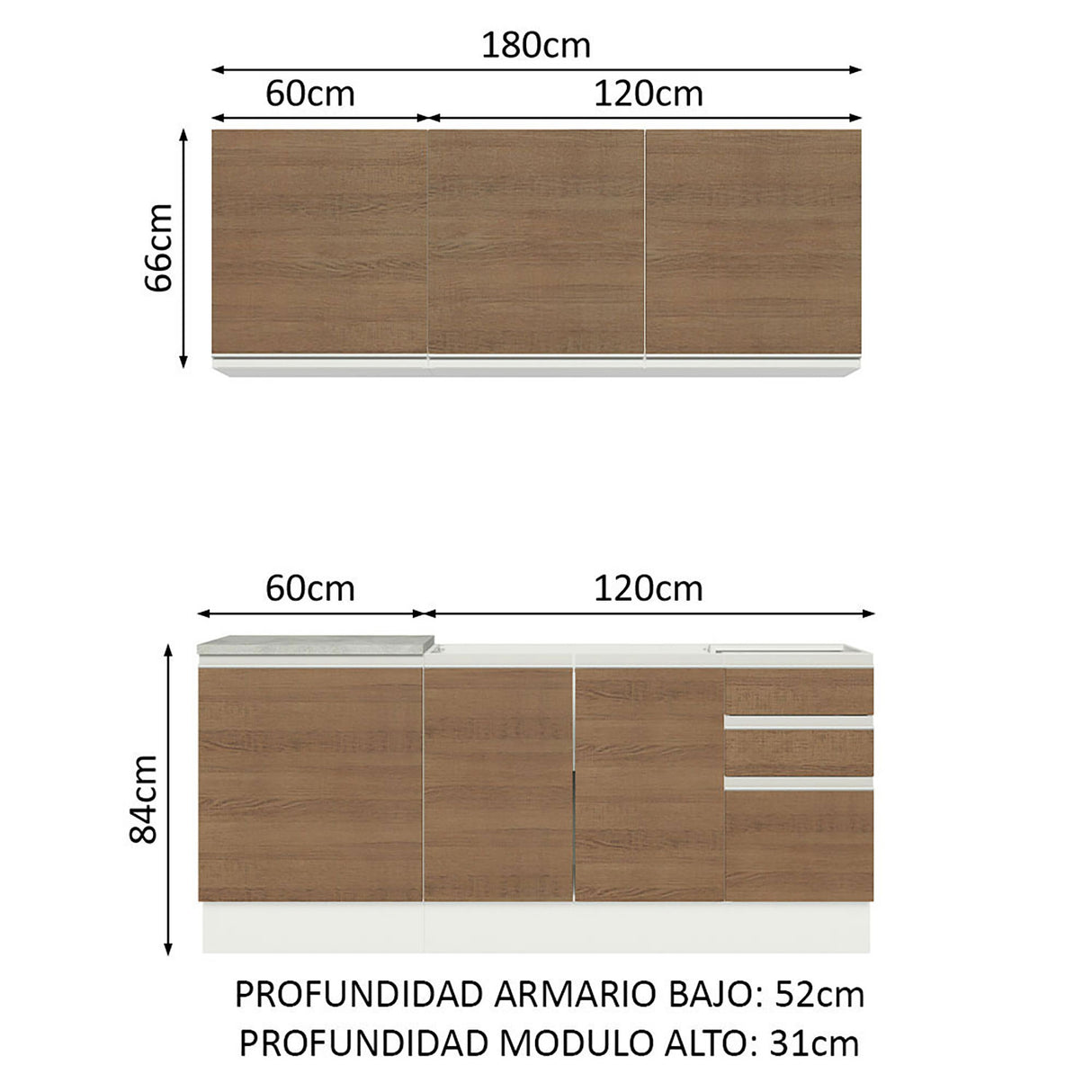 Cocina Integral Glamy Blanco y Marron 180x225cm con Mesón de Madera - Cocinas | Bylmo