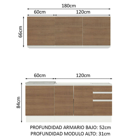 Cocina Integral Glamy Blanco y Marron 180x225cm con Mesón de Madera - Cocinas | Bylmo