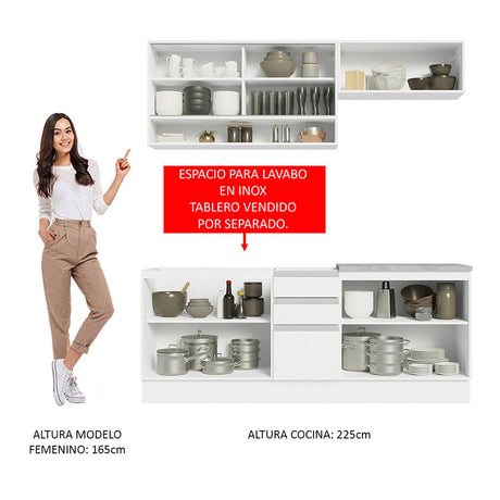 Cocina Integral Glamy Blanco 200x225cm con Mesón de Madera - Cocinas | Bylmo