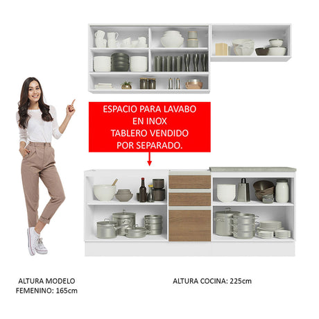 Cocina Integral Glamy Blanco y Marron 200x225cm con Mesón de Madera - Cocinas | Bylmo