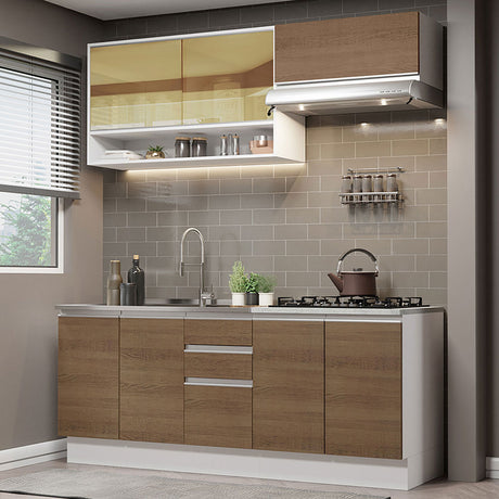 Cocina Integral Glamy Blanco y Marron 200x225cm con Mesón de Madera - Cocinas | Bylmo