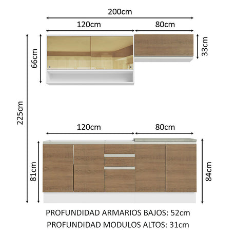 Cocina Integral Glamy Blanco y Marron 200x225cm con Mesón de Madera - Cocinas | Bylmo