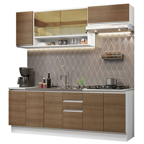 Cocina Integral Glamy Blanco y Marron 240x225cm con Mesón de Madera - Cocinas | Bylmo