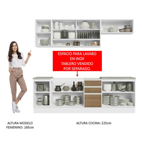 Cocina Integral Glamy Blanco y Marron 240x225cm con Mesón de Madera - Cocinas | Bylmo