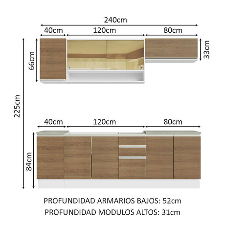 Cocina Integral Glamy Blanco y Marron 240x225cm con Mesón de Madera - Cocinas | Bylmo