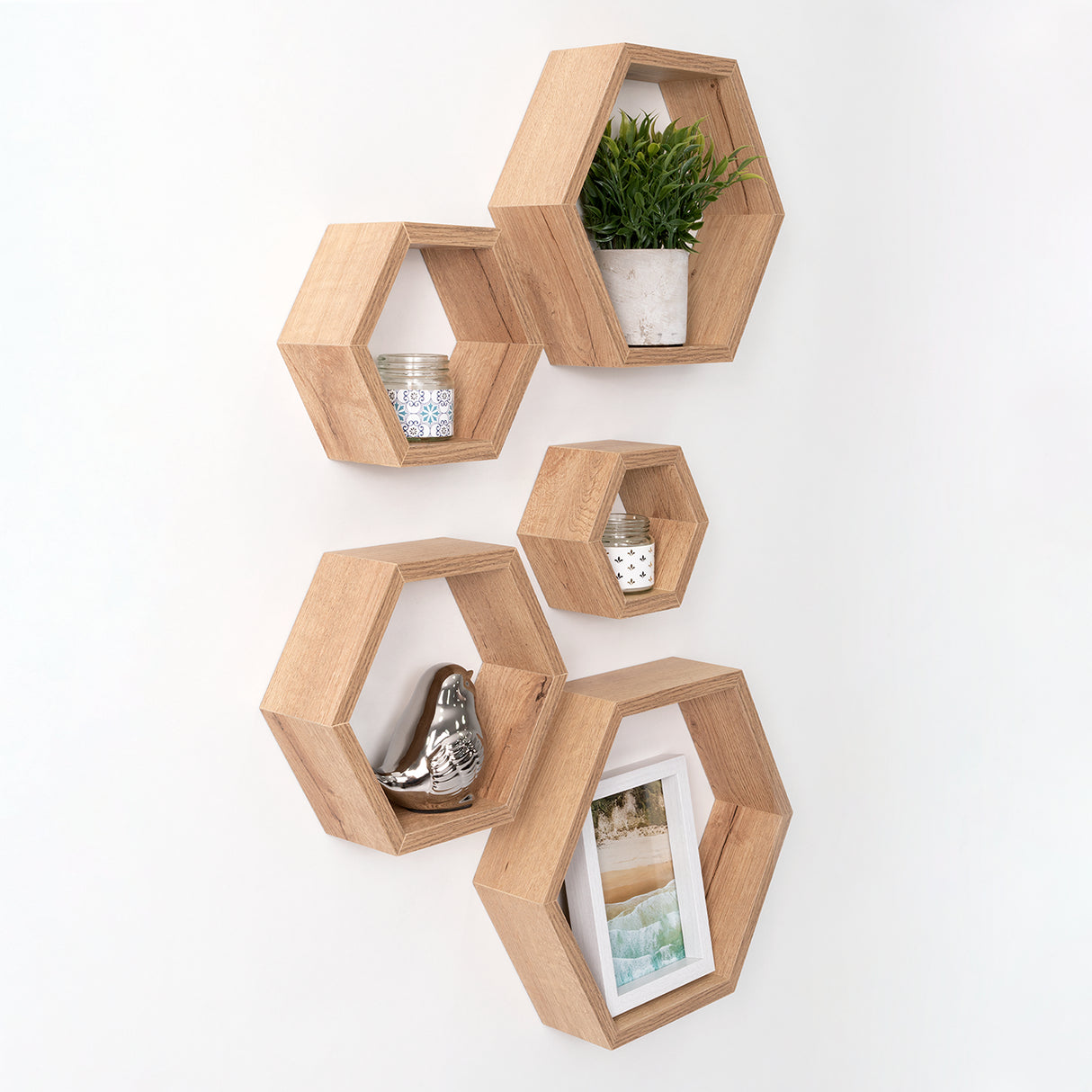 Set de 5 Repisas Grace Cafe Claro Hexagonal Flotantes de Diferentes Medidas - Repisas y Percheros | Bylmo