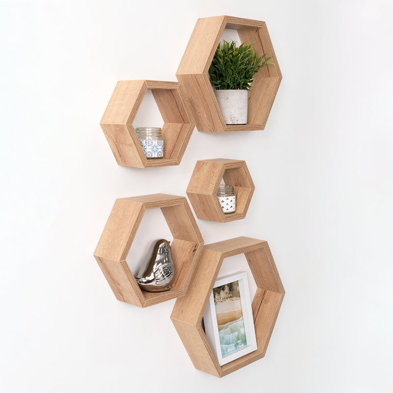 Set De 5 Repisas Grace Cafe Claro Hexagonal Flotantes De Diferentes Medidas