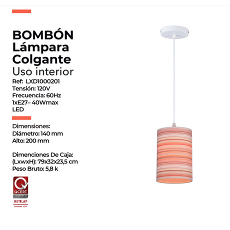 Lámpara Colgante Bombon Multicolor 14x120cm de Techo con Bombilla - Iluminacion | Bylmo