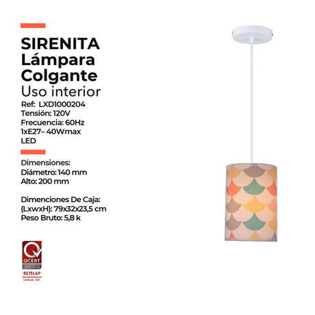 Lámpara Colgante Sirenita Multicolor 14x120cm de Techo con Bombilla - Iluminacion | Bylmo