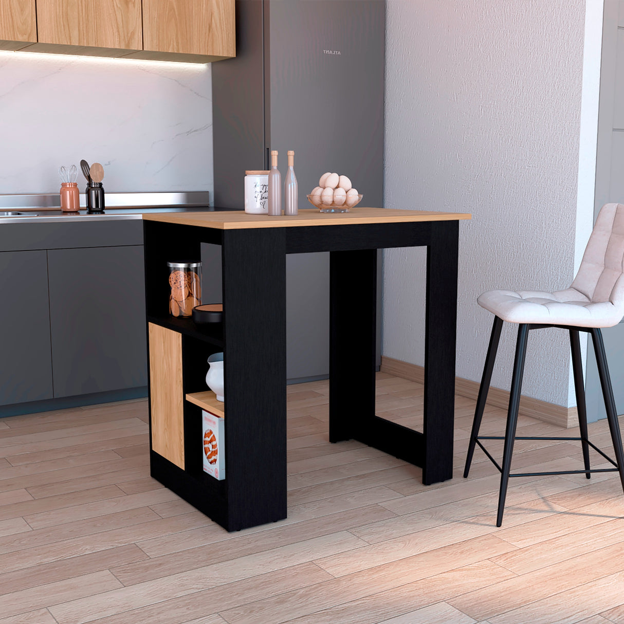 Isla de Cocina Stirling Wengue y Fresno Europeo 92x91.3cm con Mesón de Madera - Barras y Muebles Auxiliares | Bylmo