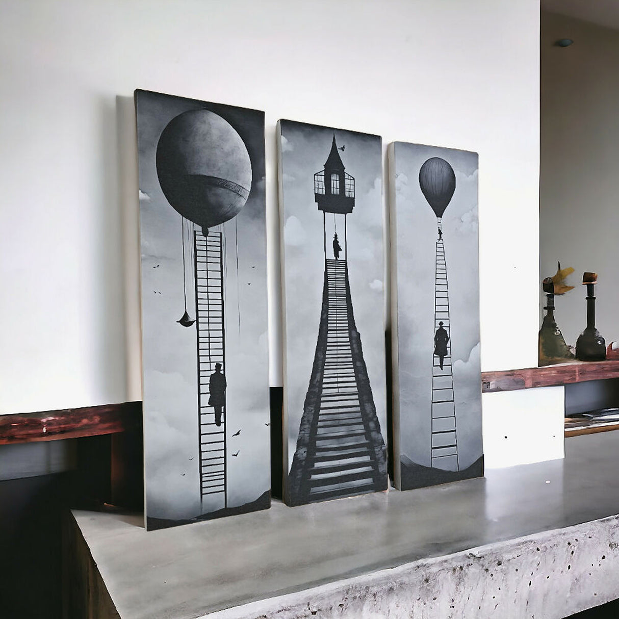 Set 3 Cuadros de Lienzo Escaleras Monocromáticas 18x60cm Decorativos - Cuadros | Bylmo