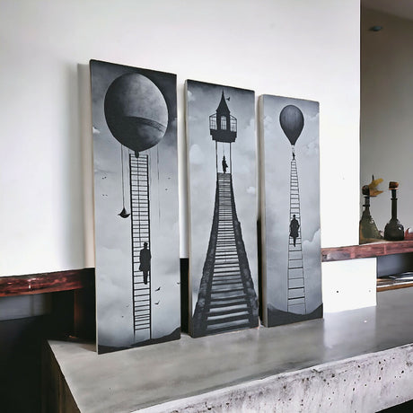 Set 3 Cuadros de Lienzo Escaleras Monocromáticas 18x60cm Decorativos - Cuadros | Bylmo