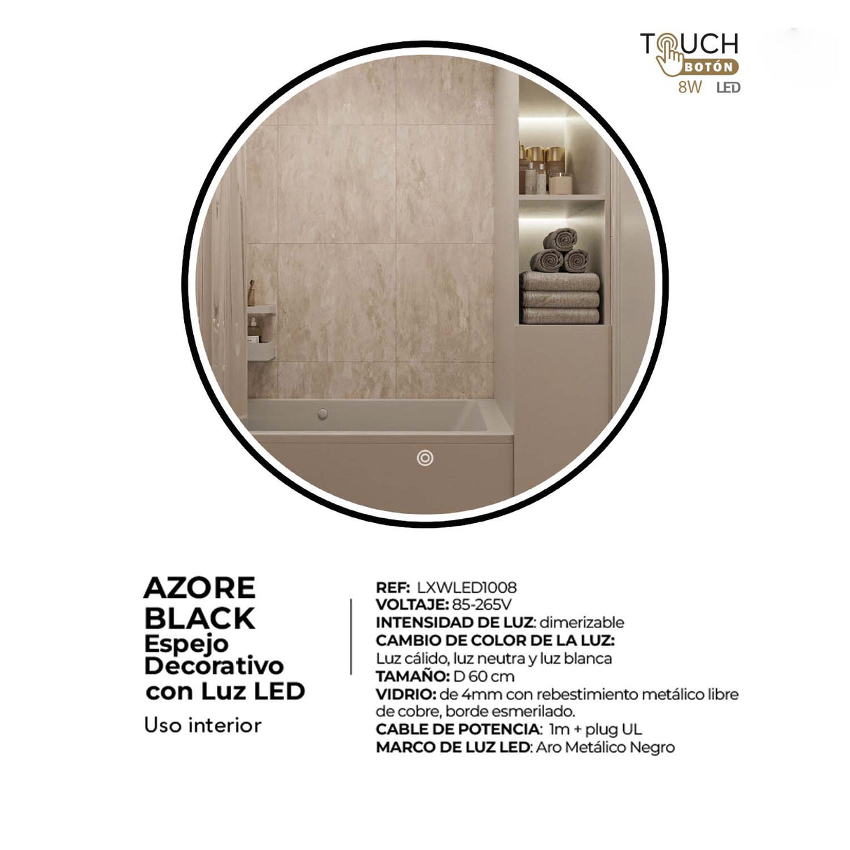 Espejo Led Redondo De Pared Moderno 60x60cm con Marco Metálico - Espejos Decorativos | Bylmo